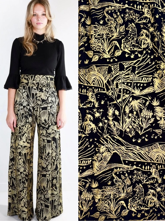 Thief And Bandit Pants - Thief & Bandit - Spirit Garden Gold on Black High Waisted Wide Leg Pants - LARGE